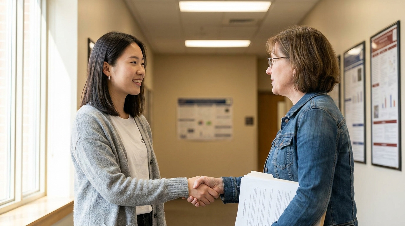 A young woman in a denim jacket shaking hands with a middle-aged professor in a hallway lined with framed academic poste