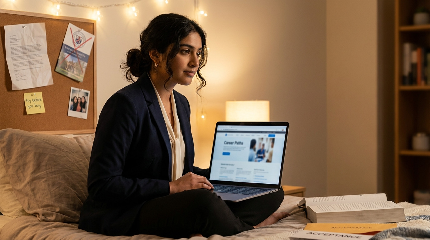 A student in a cozy dorm room, cross-legged on a bed with a laptop open to a career exploration page. Pinned to the wall