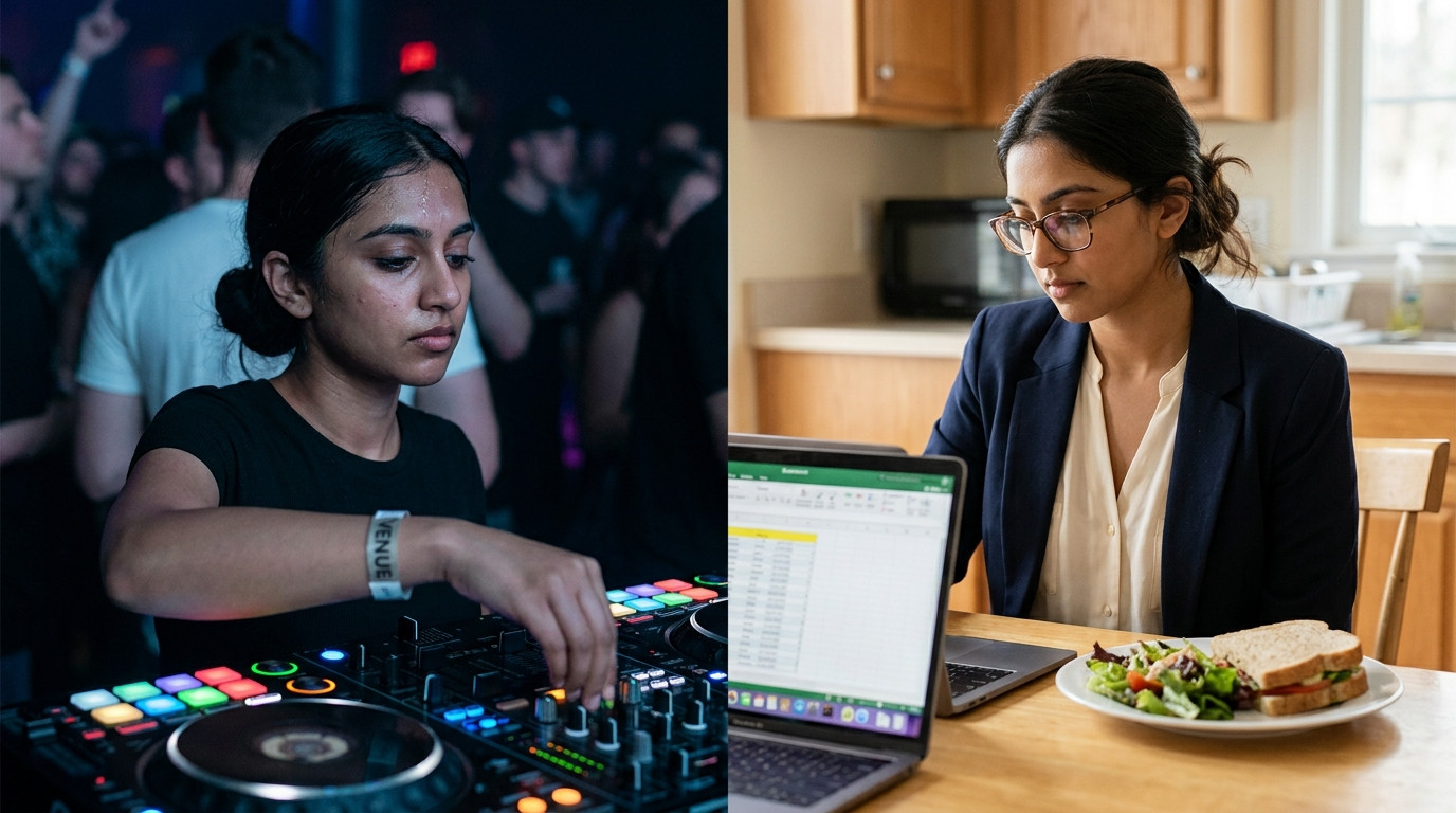 Split-panel composition: left side shows a DJ at a neon-lit club console at 2 AM with sweat-dampened hair and tired eyes