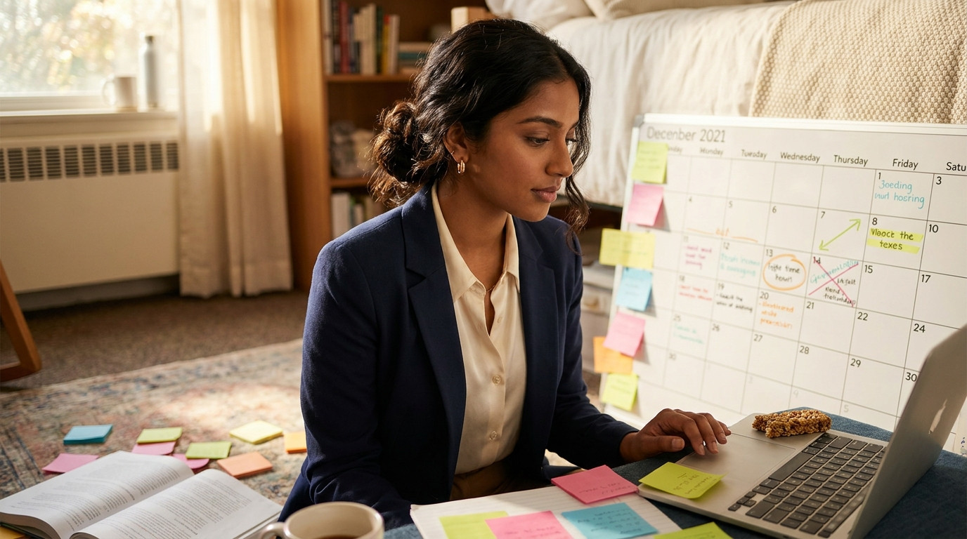 A college student sitting on a dorm room floor surrounded by sticky notes and a wall calendar marked with highlighted de