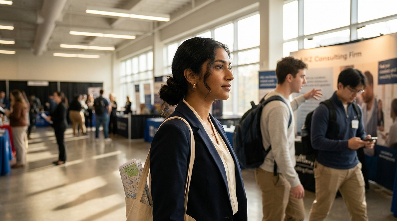 Two students walking through a university career fair hall with company banners on either side, one student gesturing at