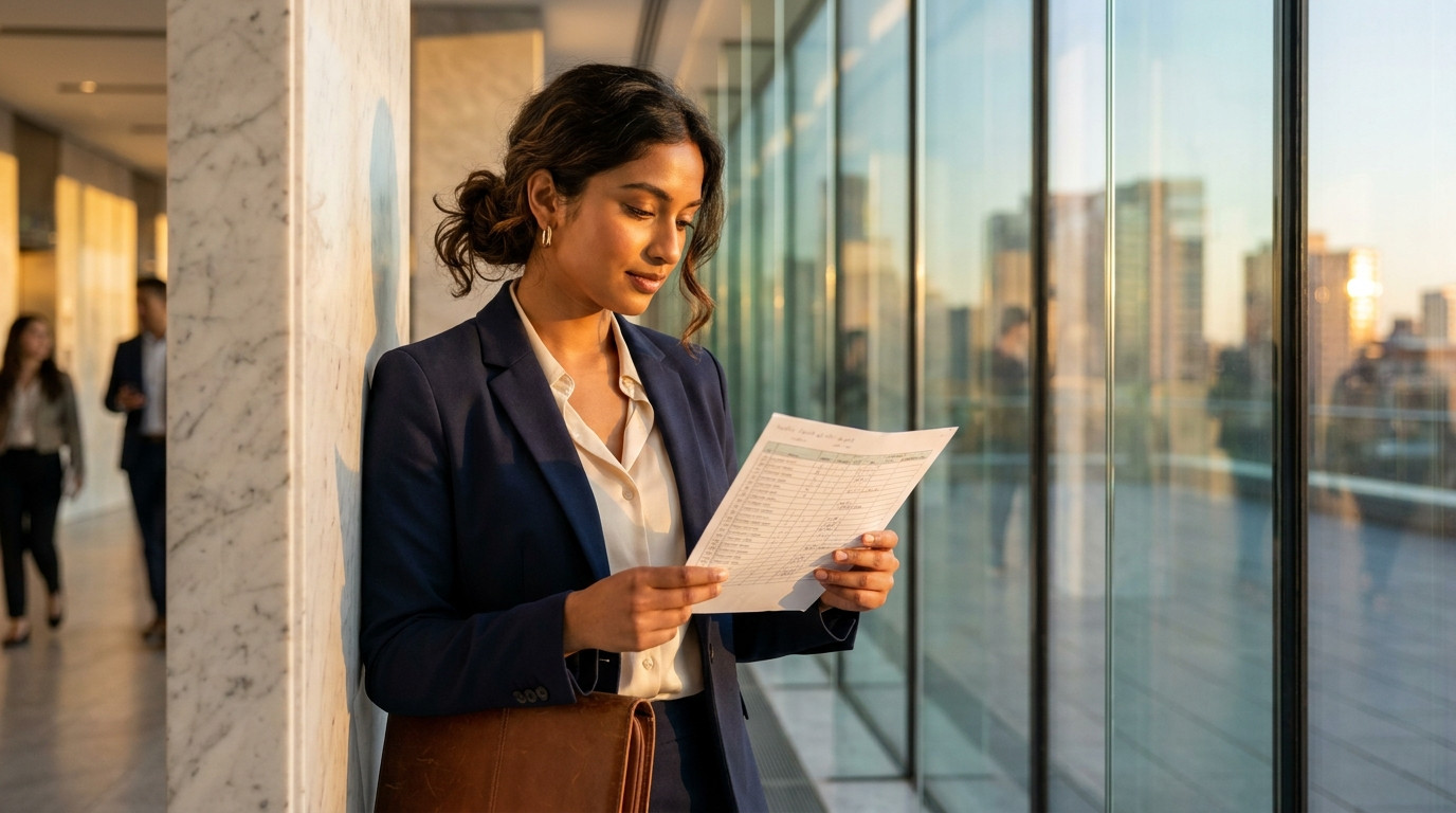 A business school building lobby with glass walls reflecting sunset light, a student in business casual reviewing a prin