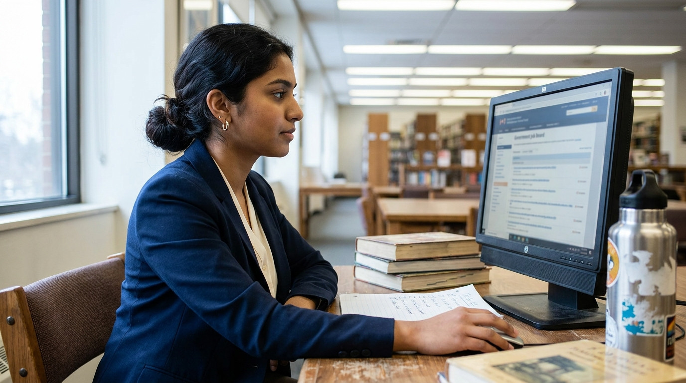 A student at a public library computer station scrolling through government job board listings on an older monitor, surr