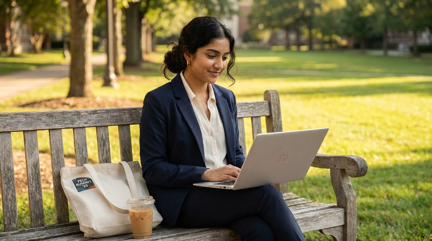 A college senior sitting cross-legged on a sunlit campus quad bench, laptop balanced on one knee, scrolling through job 