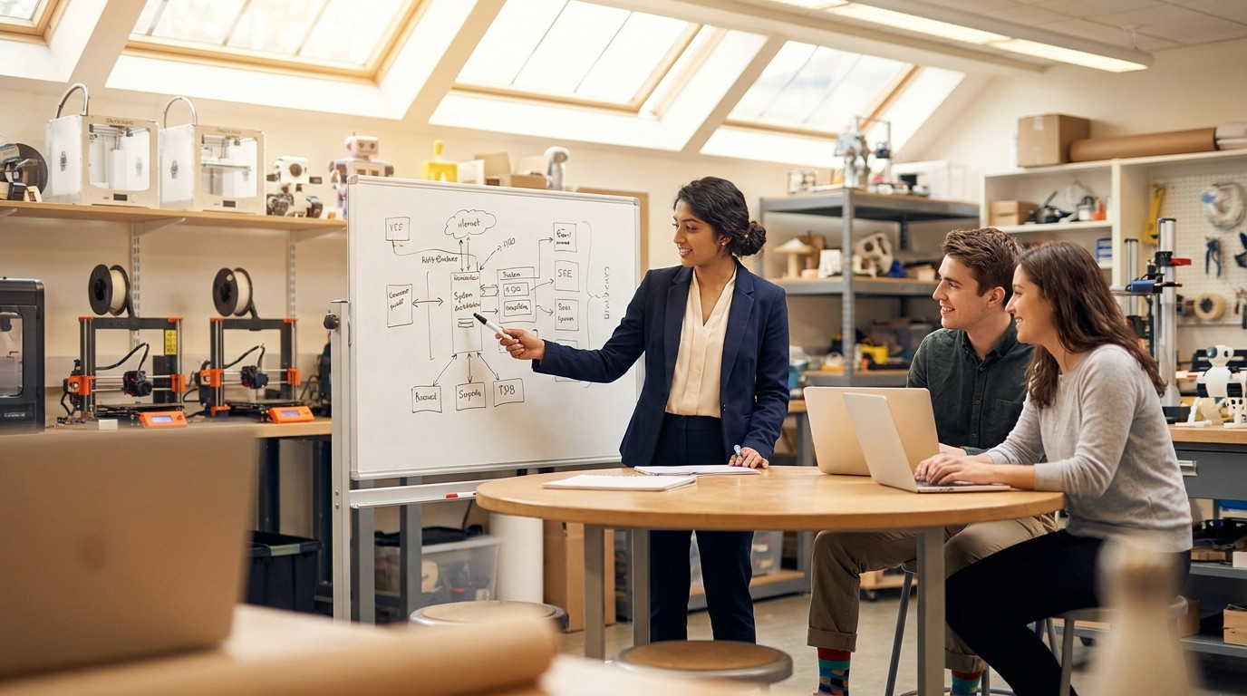 Three students collaborating around a round table in a bright university makerspace, one pointing at a whiteboard sketch