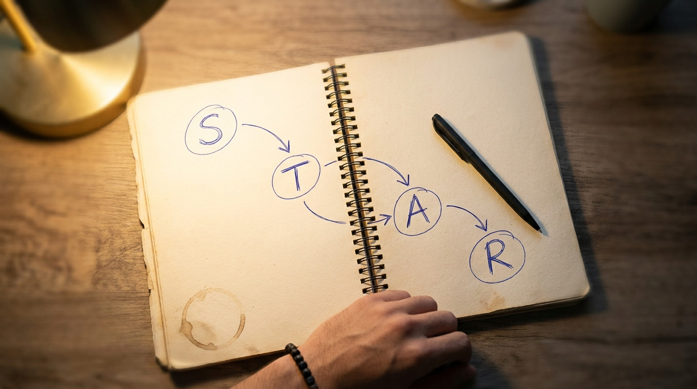 Close-up of a spiral-bound notebook lying open on a wooden desk, with a handwritten STAR framework sketched in blue ink