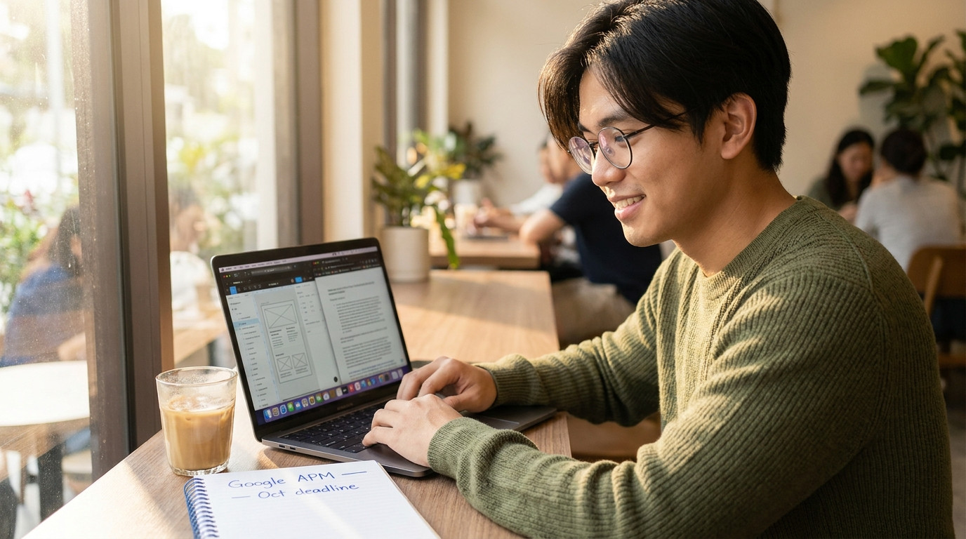 A student sitting at a cafe table with a laptop showing a Figma wireframe on one half of the screen and a PRD document o