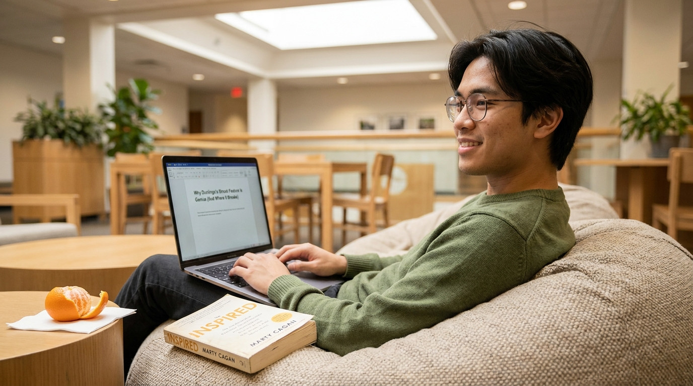 A student in a university common area sitting on a beanbag chair with a laptop, the screen showing a Substack draft titl