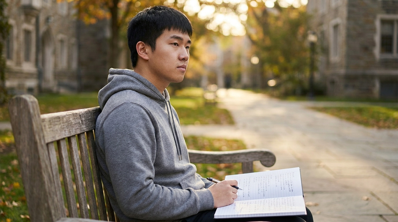 A college student sitting on a campus bench with an open notebook, looking contemplative about career decisions