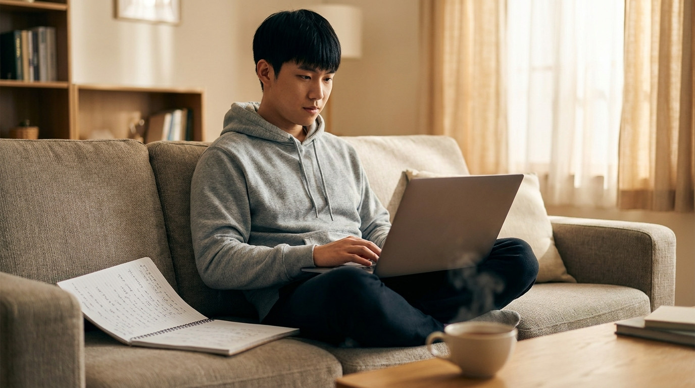 A college student sitting on a couch with a laptop, exploring career options from home with a notebook of handwritten notes beside them