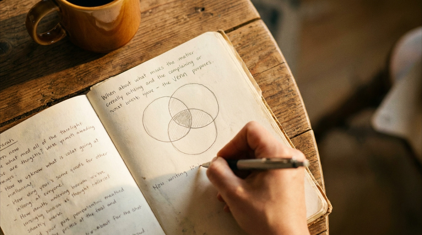 A journal open on a wooden desk showing three overlapping circles representing skills, interests, and values, with a coffee mug nearby