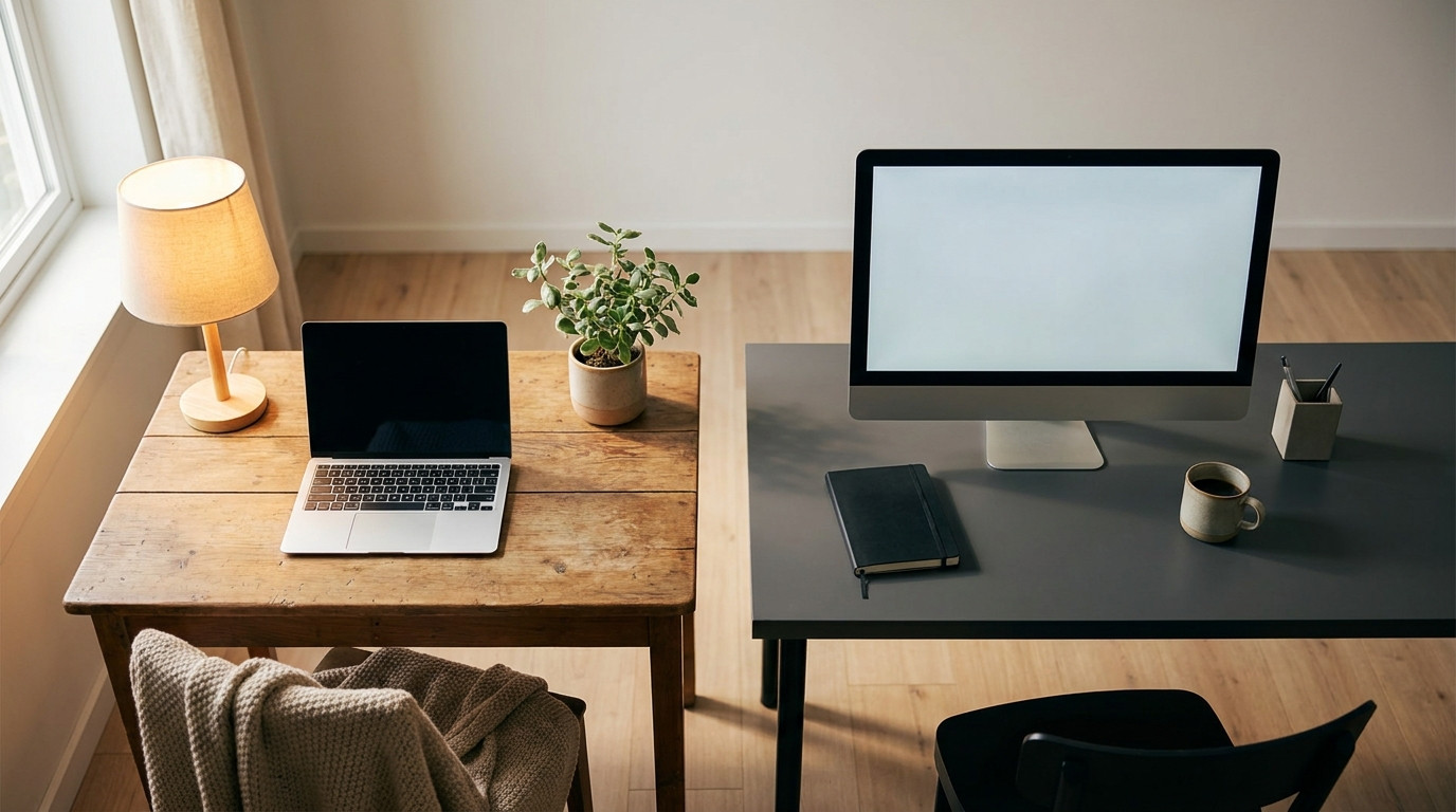 Side-by-side comparison of externship home desk and internship office desk