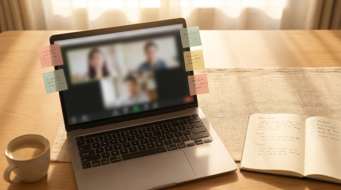 A laptop showing a video call with sticky notes around the screen, notebook open beside it with mentorship checklist