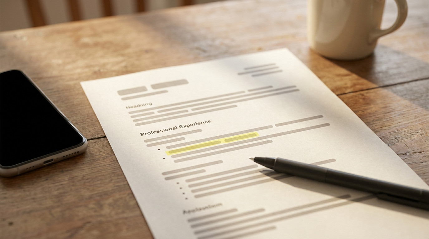 A printed resume on a wooden desk with the Professional Experience section highlighted, showing an externship entry