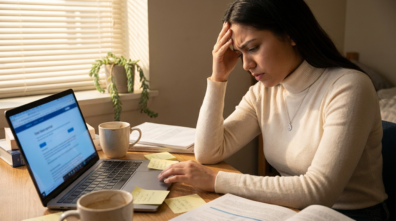 A college-aged woman sitting at a cluttered desk in her dorm room, laptop open to a job listing, one hand pressing again