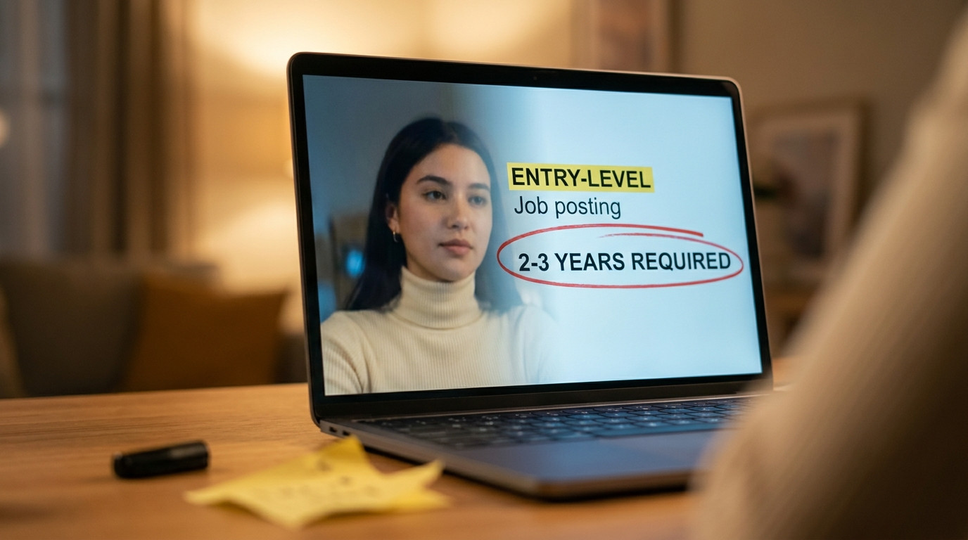 A close-up of a laptop screen displaying a job listing with the phrase