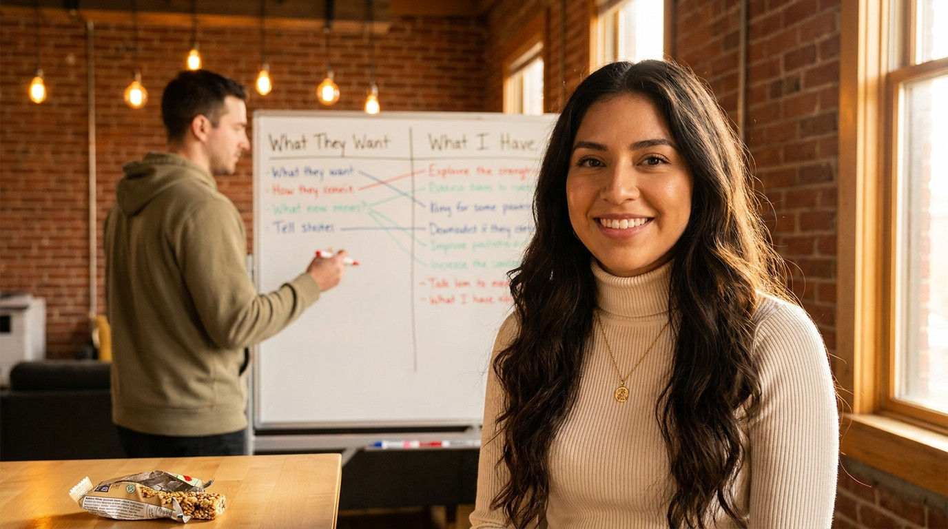 A young man standing in front of a large whiteboard divided into two columns labeled