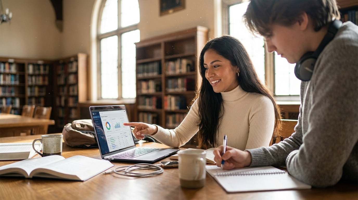 Two college students collaborating at a library table, one pointing at a laptop screen showing a project dashboard while