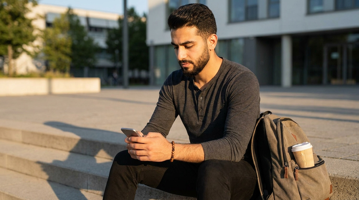 A college student sitting on the steps outside a modern university building, scrolling through job listings on a phone, 