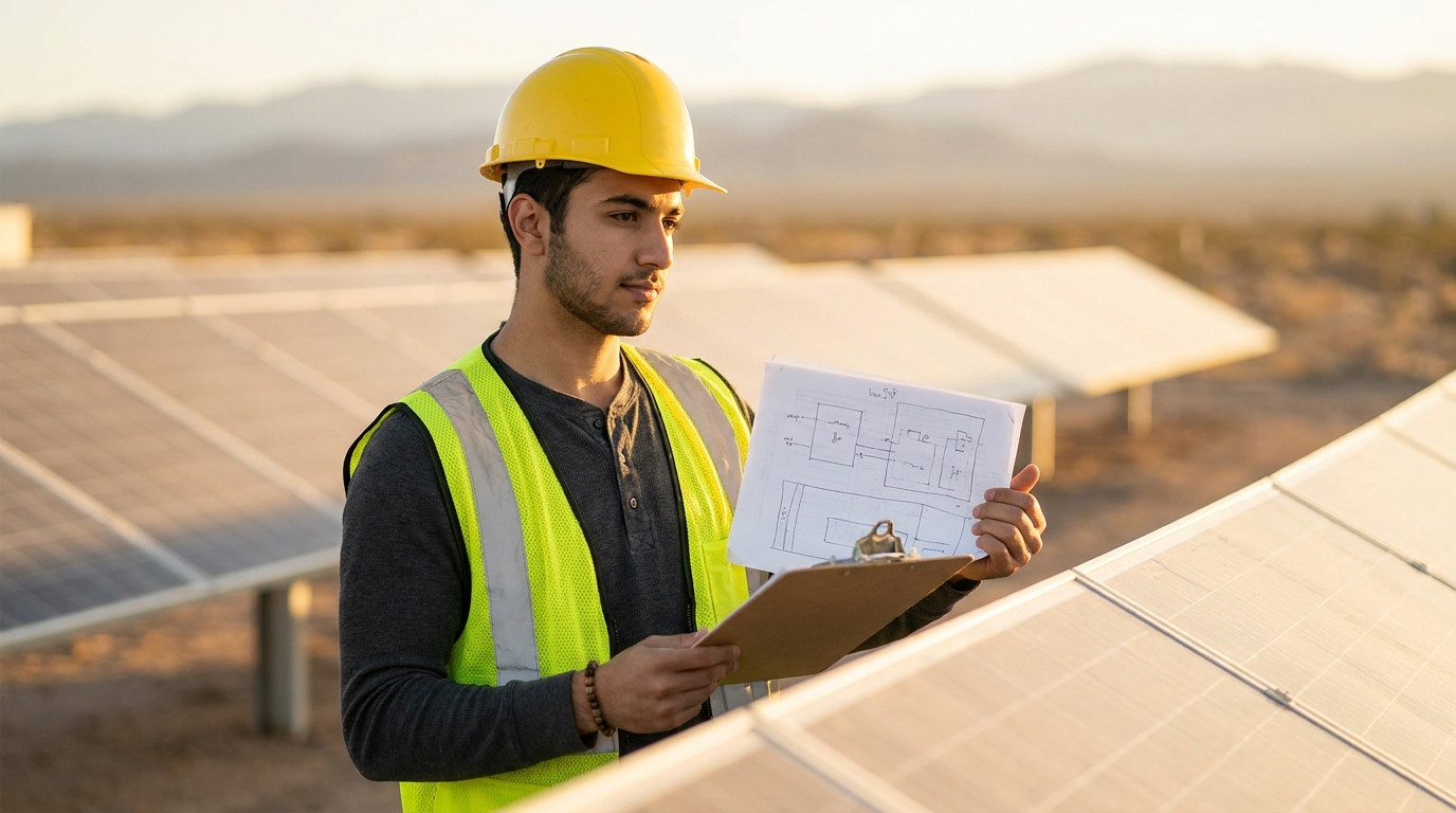 A young professional in a yellow hard hat and safety vest examining a clipboard while standing among rows of solar panel