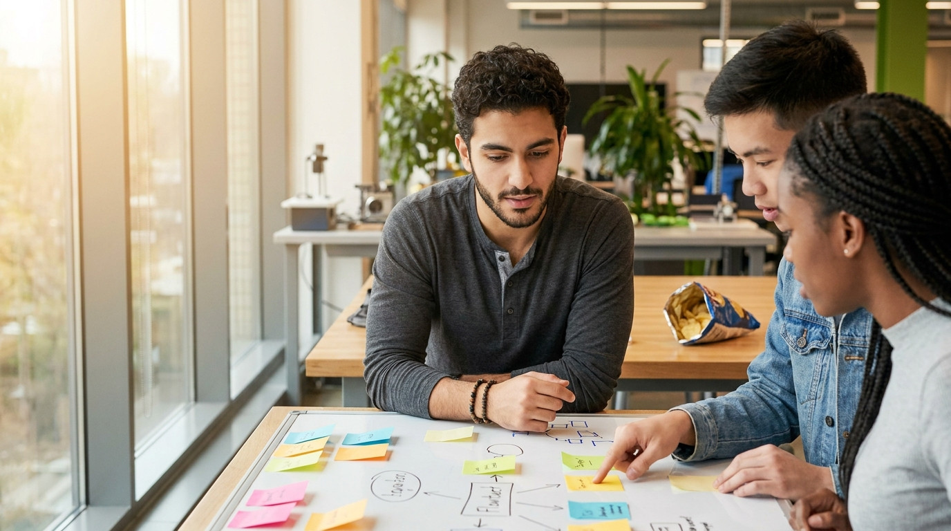 Three diverse students huddled around a whiteboard covered in colorful sticky notes and hand-drawn flowcharts in a brigh