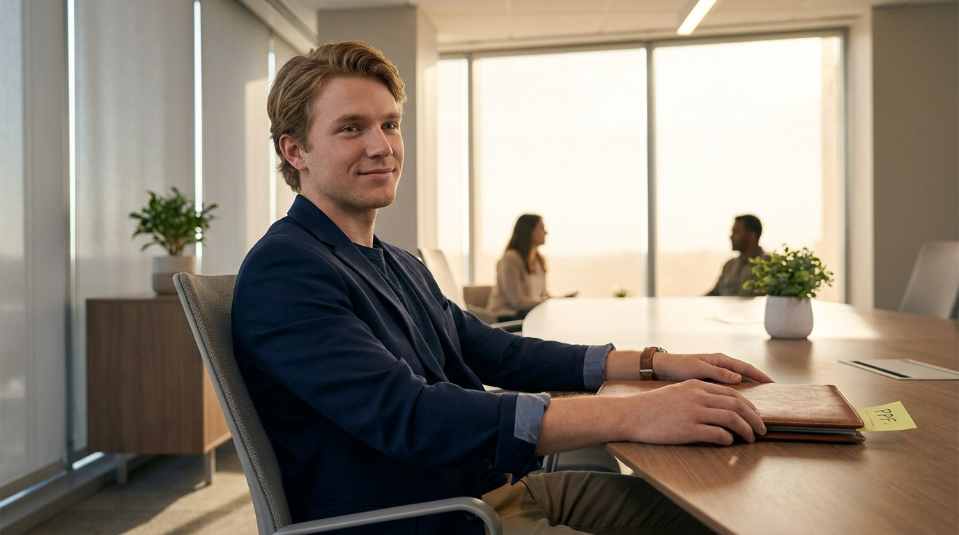 A young professional sitting upright in a modern office chair across from two blurred interviewers, hands resting on a p