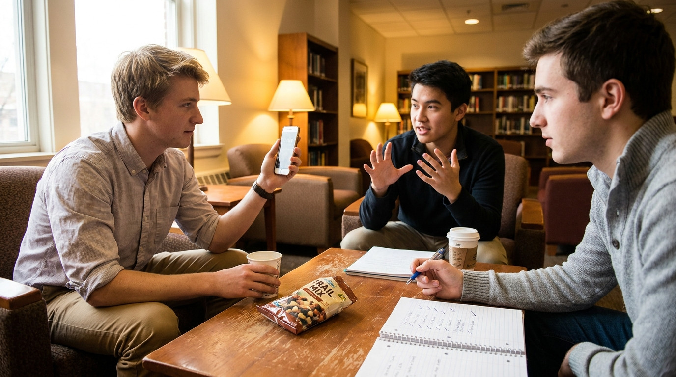 Three college students sitting together in a campus study lounge, one holding a phone as a timer while another practices