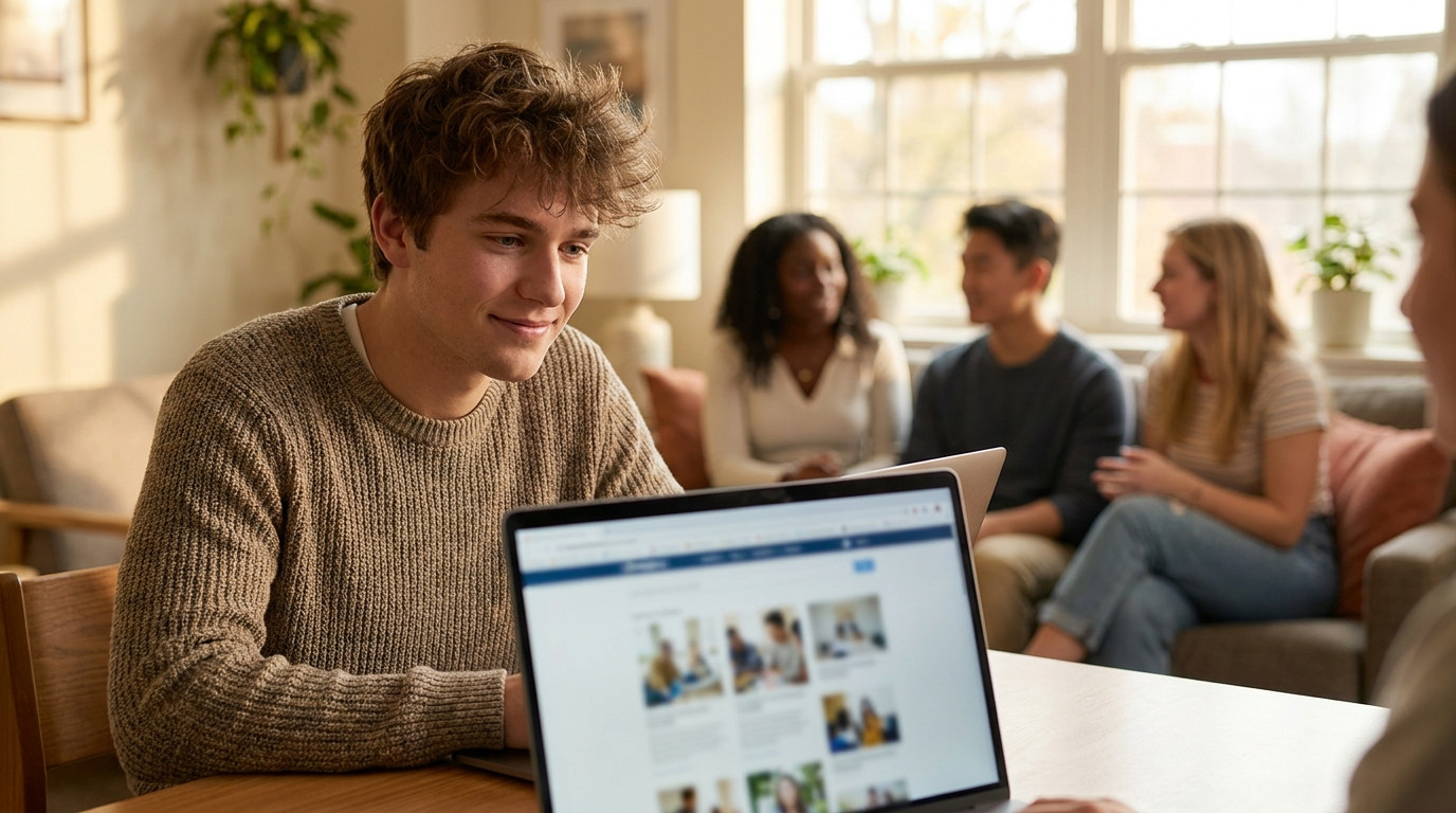 College freshman researching internship programs on laptop in dorm common area