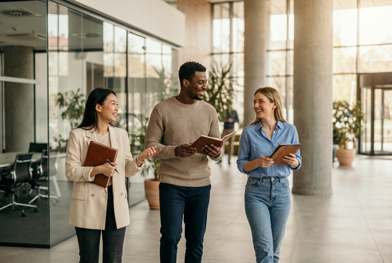 College freshmen walking through corporate office after internship program workshop
