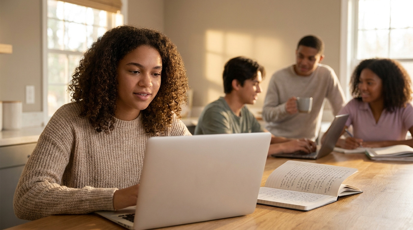 High school student researching internship programs on laptop at home