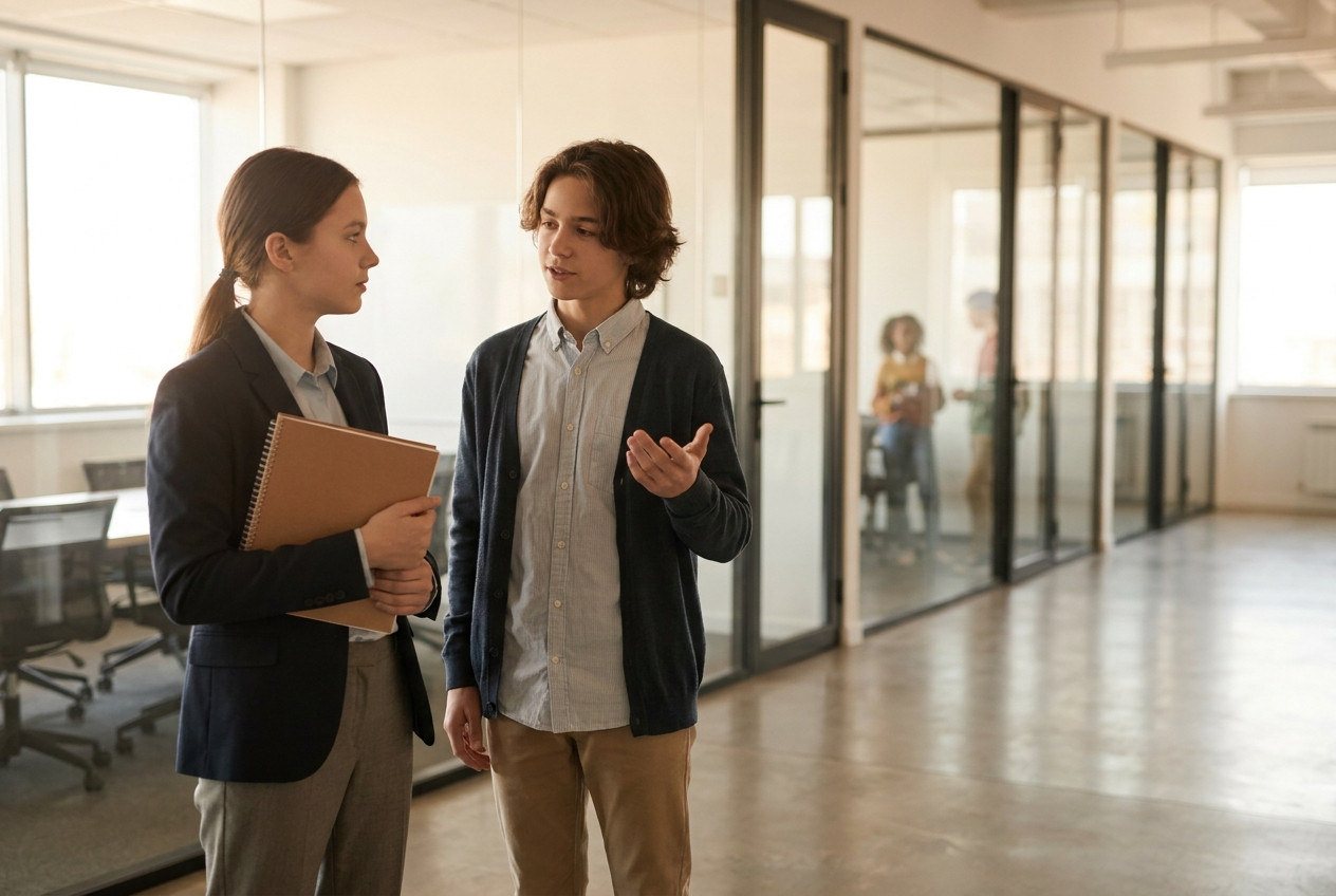 High school interns discussing a project in a corporate office hallway