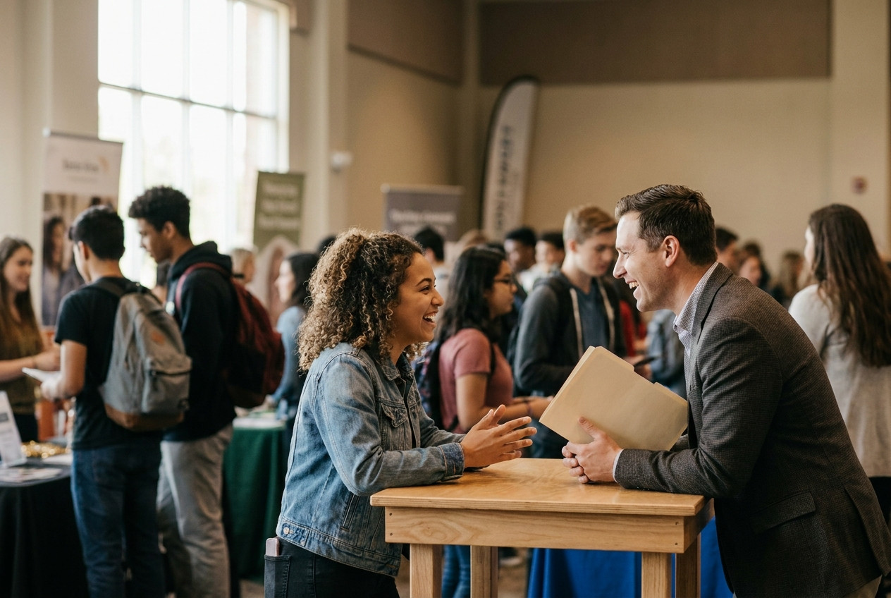 High school student speaking with a recruiter at a career fair