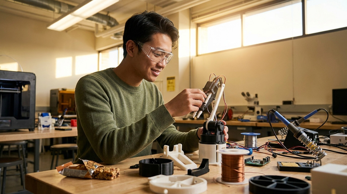 A young engineering student in safety goggles adjusting a robotic arm prototype in a university fabrication lab, surroun