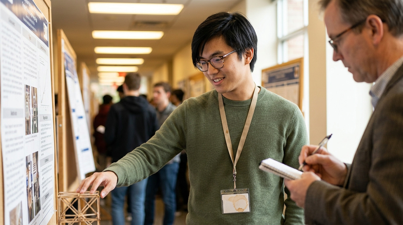 A young engineering student standing at a poster session in a university engineering showcase, gesturing toward a struct