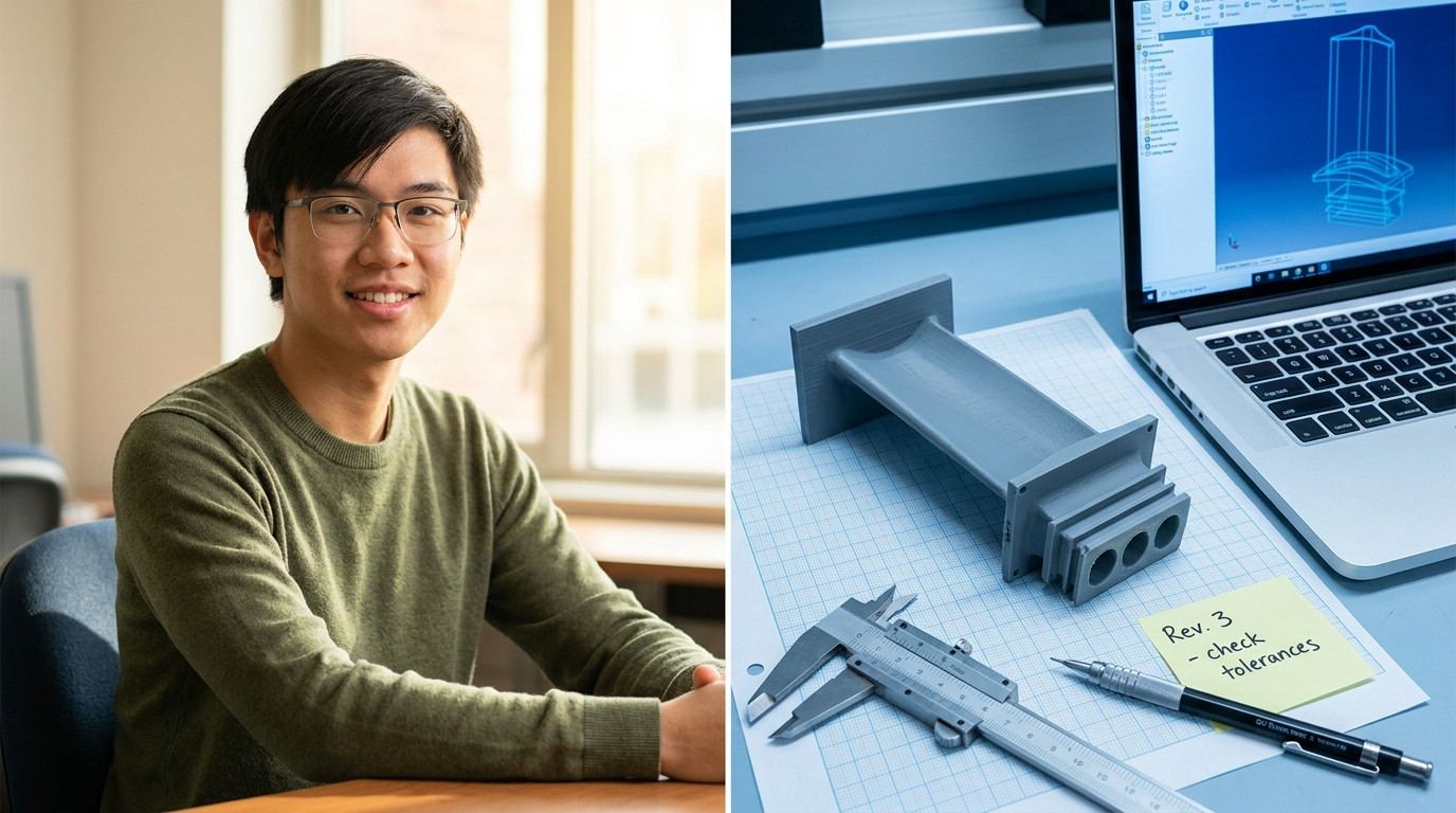 Close-up of a 3D-printed turbine blade prototype resting on graph paper next to a pair of precision calipers, a mechanic