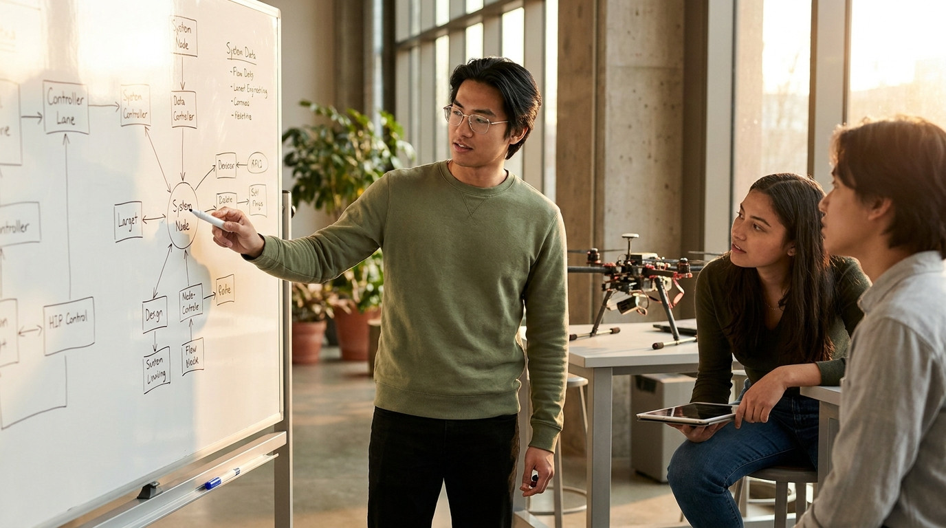 Three engineering students collaborating around a large whiteboard covered in system architecture diagrams and flow char