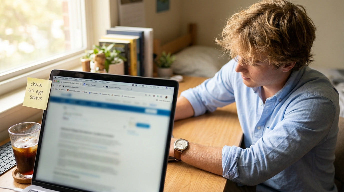 A college student sitting at a desk with multiple browser tabs open showing different investment bank careers pages, a y