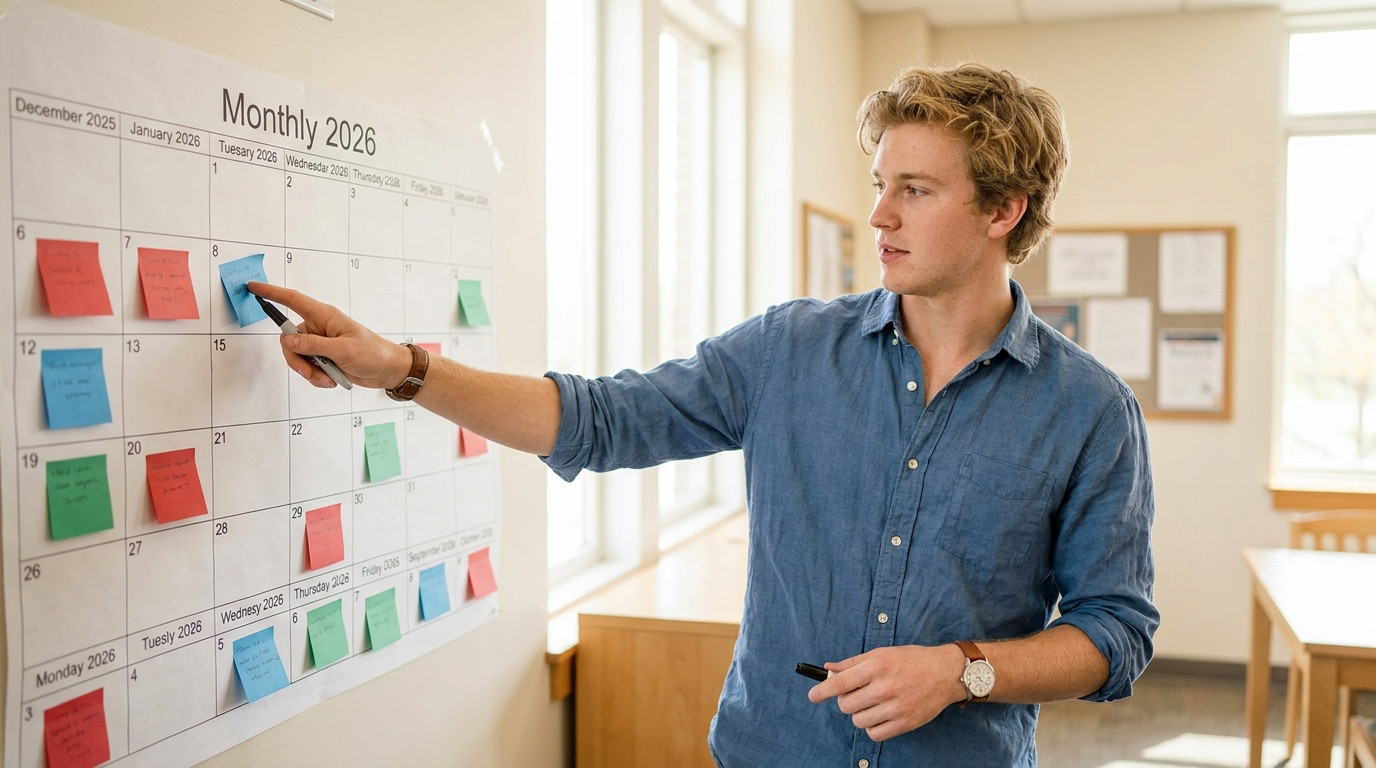 A large monthly calendar wall chart showing months from December 2025 through October 2026, with colored sticky notes ma