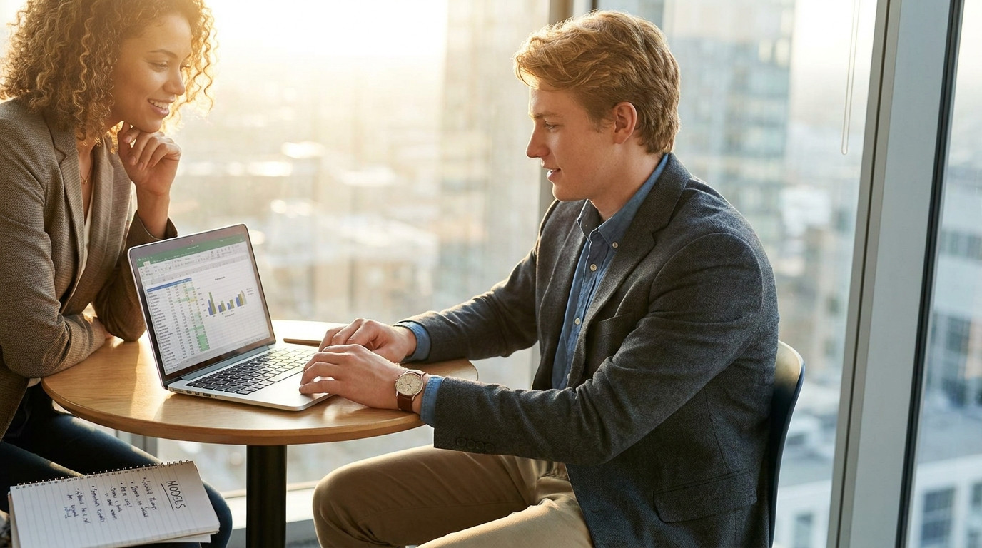 A finance student in a business casual blazer sitting across from a recruiter at a small round table in a glass-walled o