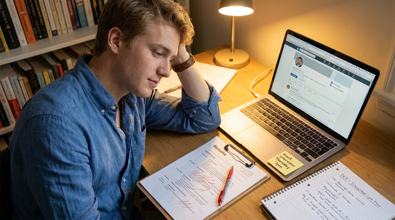 A student's desk flat-lay showing a printed one-page resume with red pen editing marks, an open laptop showing LinkedIn,