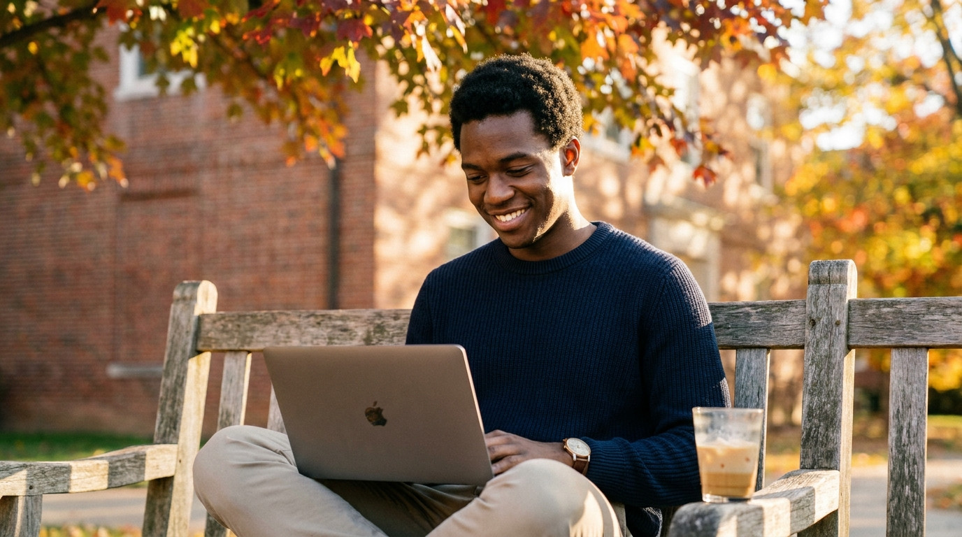 A college student sitting cross-legged on a weathered wooden bench outside a brick campus building, scrolling through jo