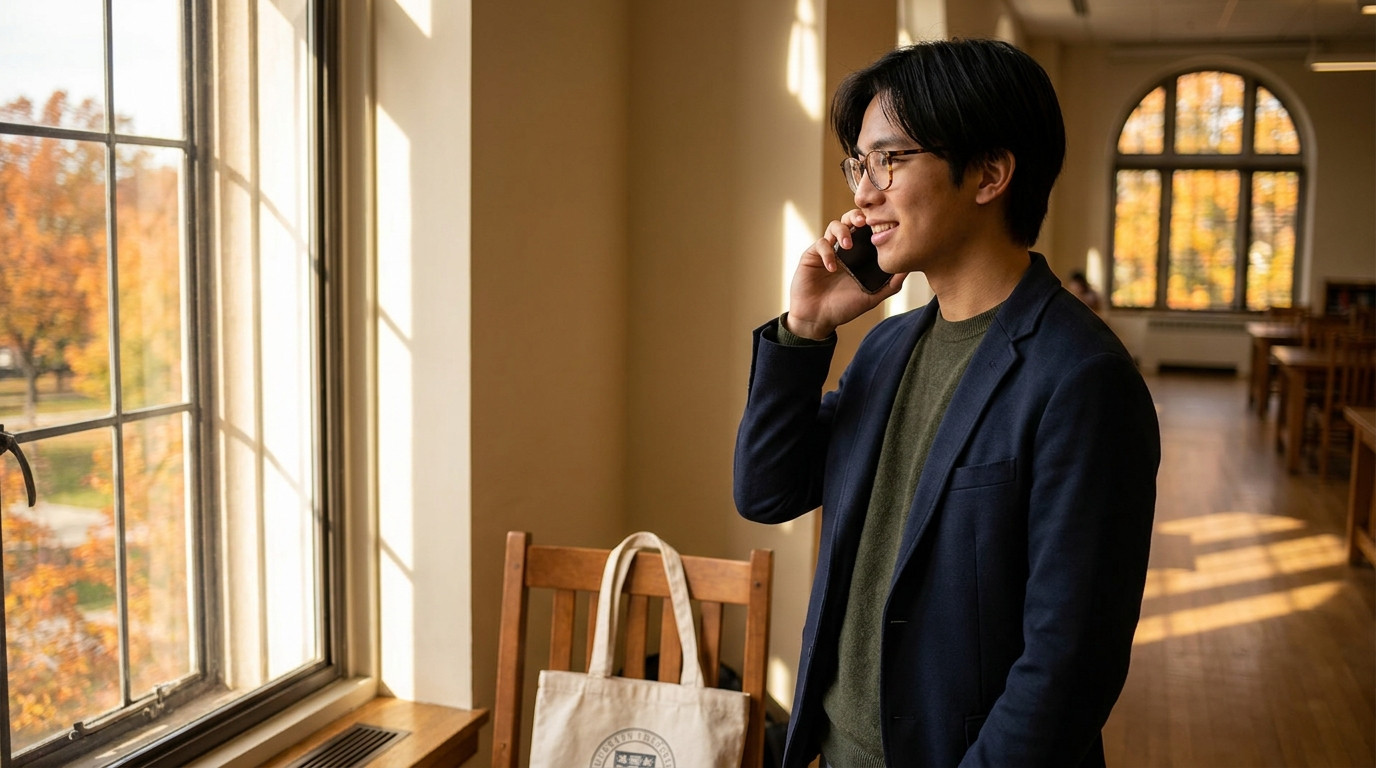 A student standing at a tall library window, looking out at an autumn campus scene while holding a phone to their ear. T