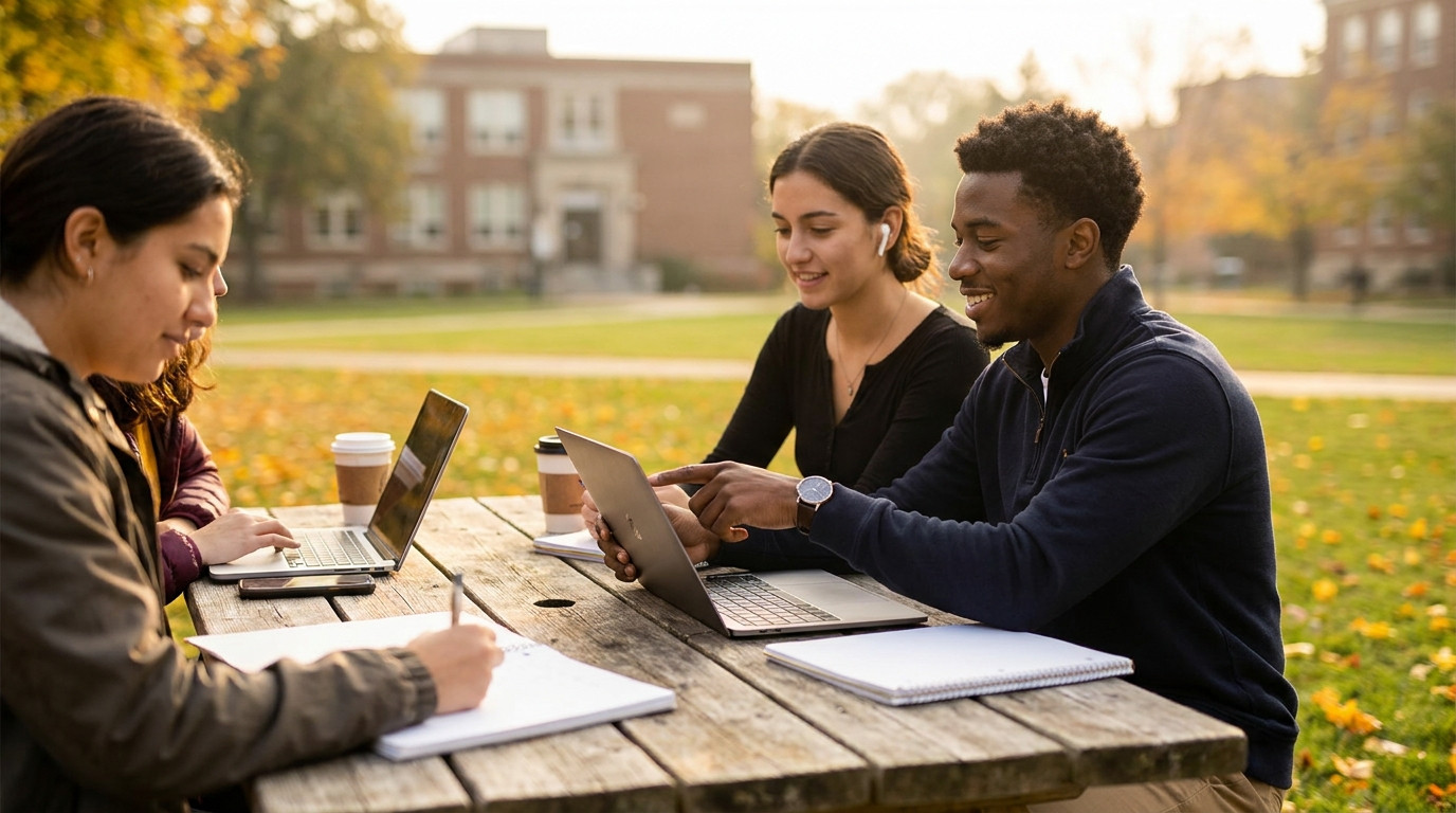 Three students sitting around a weathered picnic table on a university quad, laptops and notebooks spread across the sur