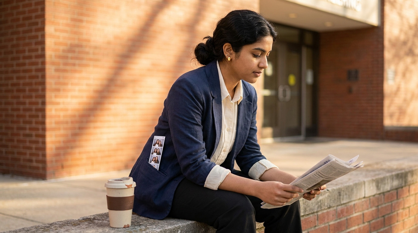 A college student sitting on a low concrete wall outside a university engineering building, leaning forward with elbows 