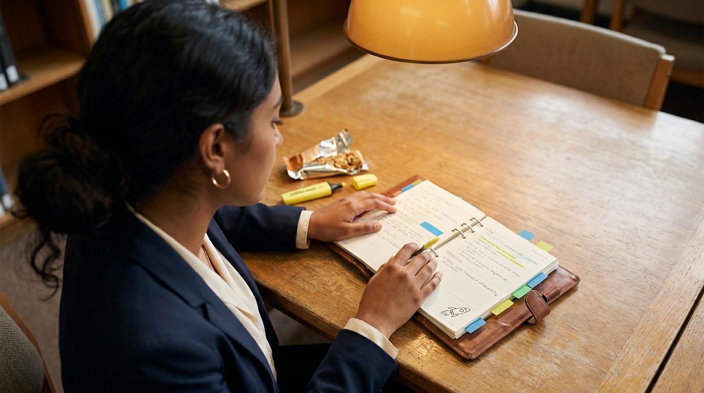 A well-worn leather planner open on a wooden library desk, with color-coded sticky tabs marking different semester blocks