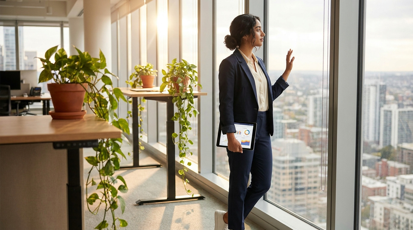 A young professional standing at a floor-to-ceiling office window, holding a tablet displaying a colorful project dashboard