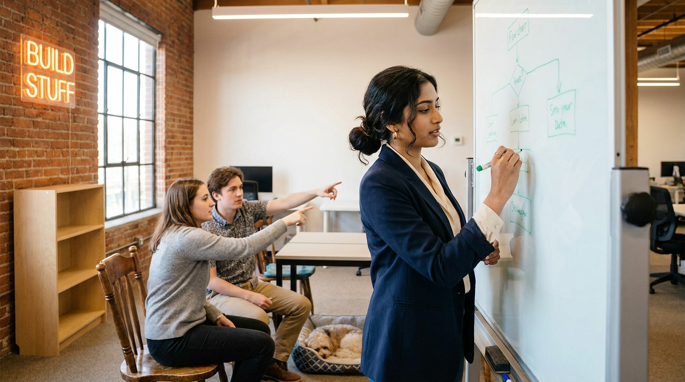 Three interns gathered around a glass whiteboard in a bright startup office, one standing and sketching a flowchart