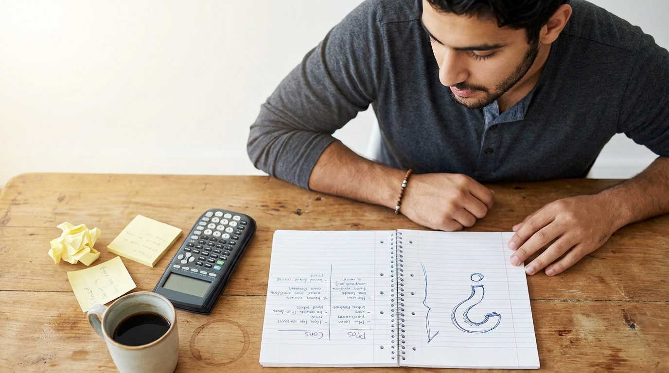 Close-up of a worn wooden desk surface with a spiral-bound notebook open to a pros-and-cons list written in blue ink, a 
