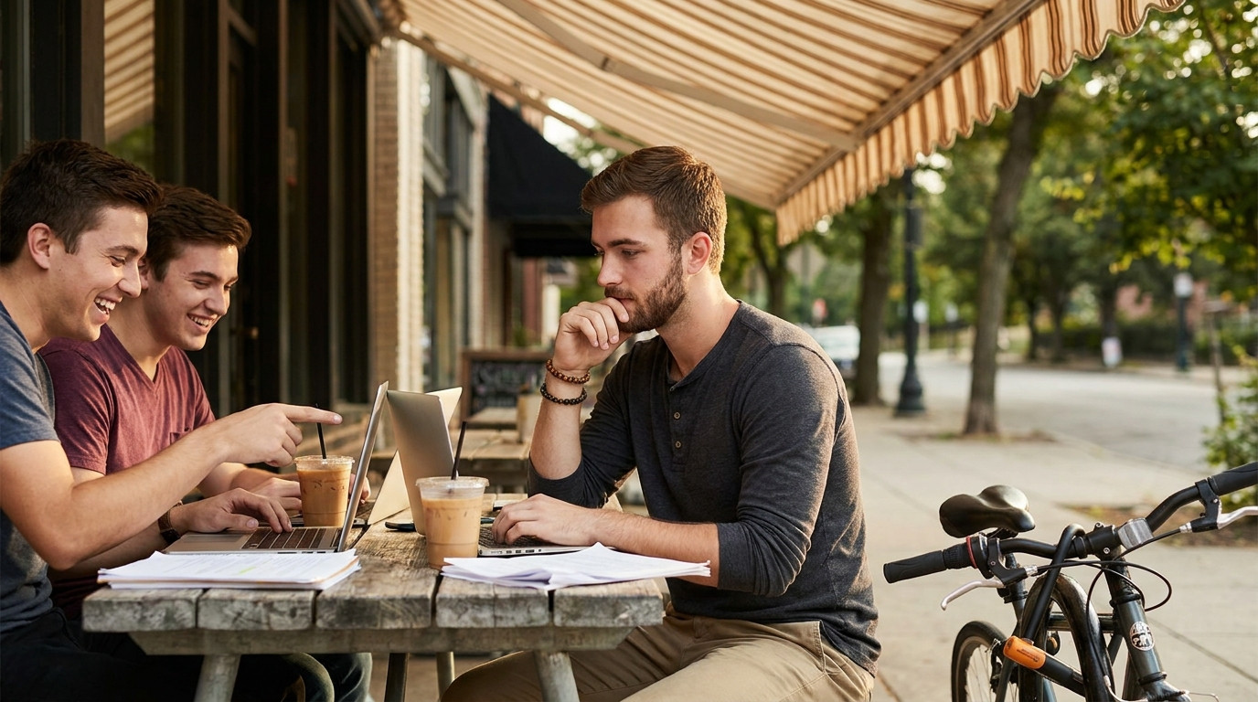Three students sitting together at an outdoor cafe table, each with a laptop. One is pointing at another's screen while 