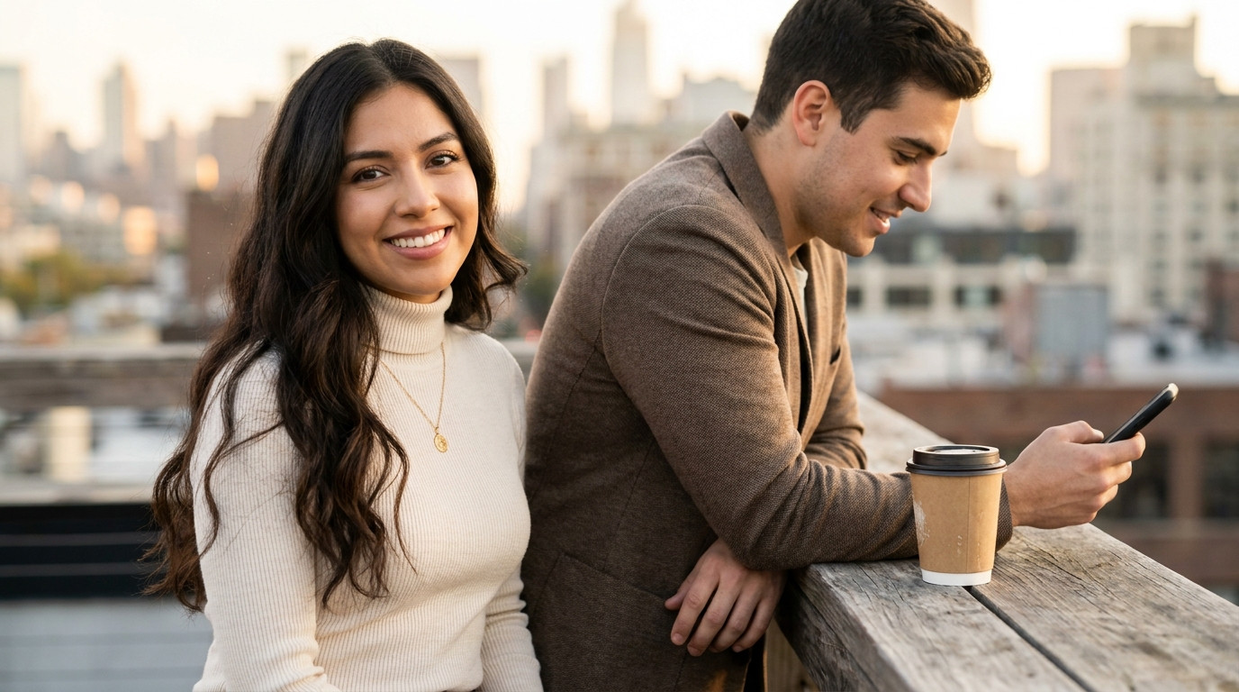 A young man in a casual blazer leaning against the railing of a rooftop terrace overlooking a city skyline at golden hou